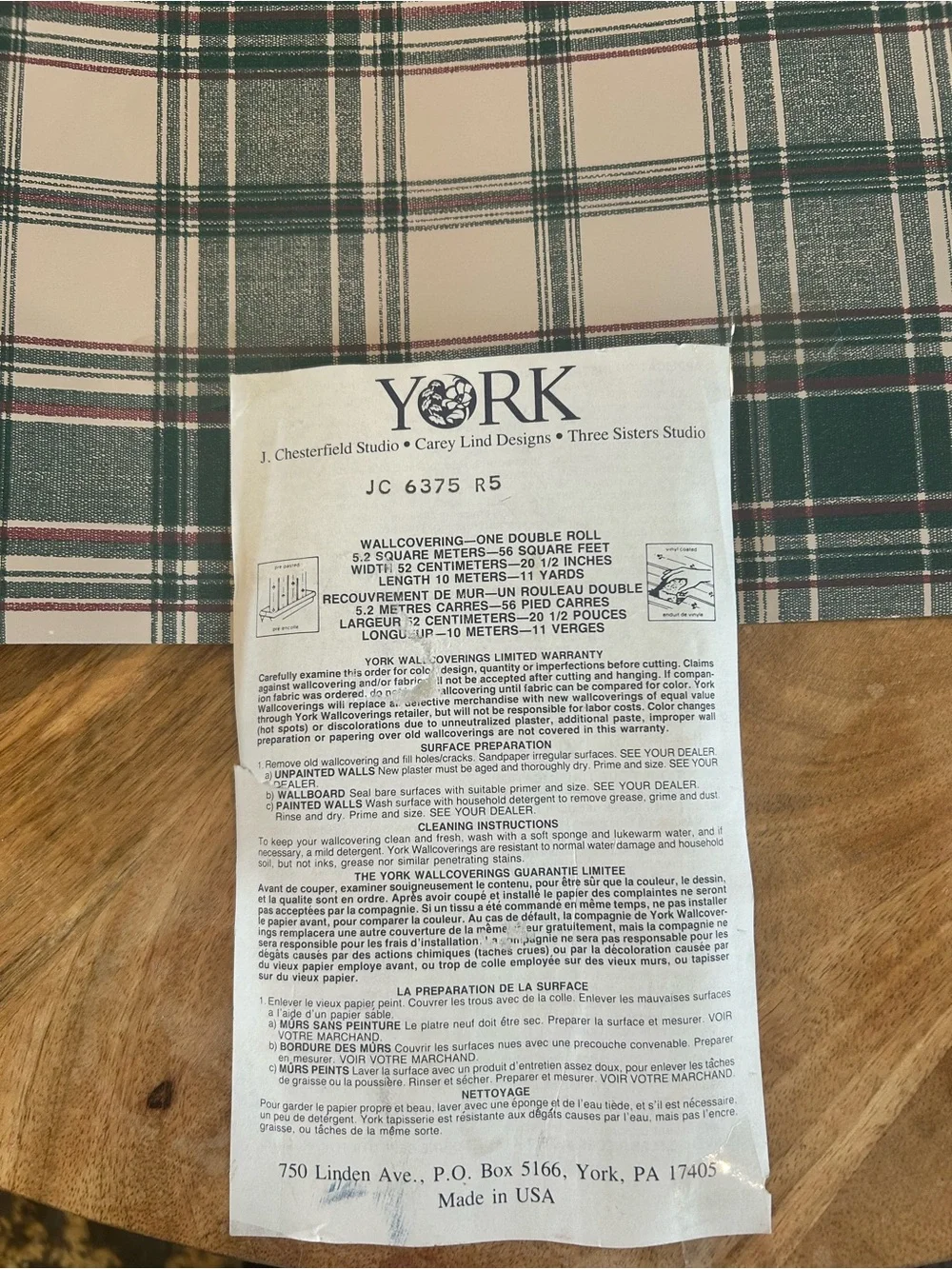 VtgYork Wall Coverings Green/BurgundyPlaid Carey Lind Double Roll 11yds L 20.5”W